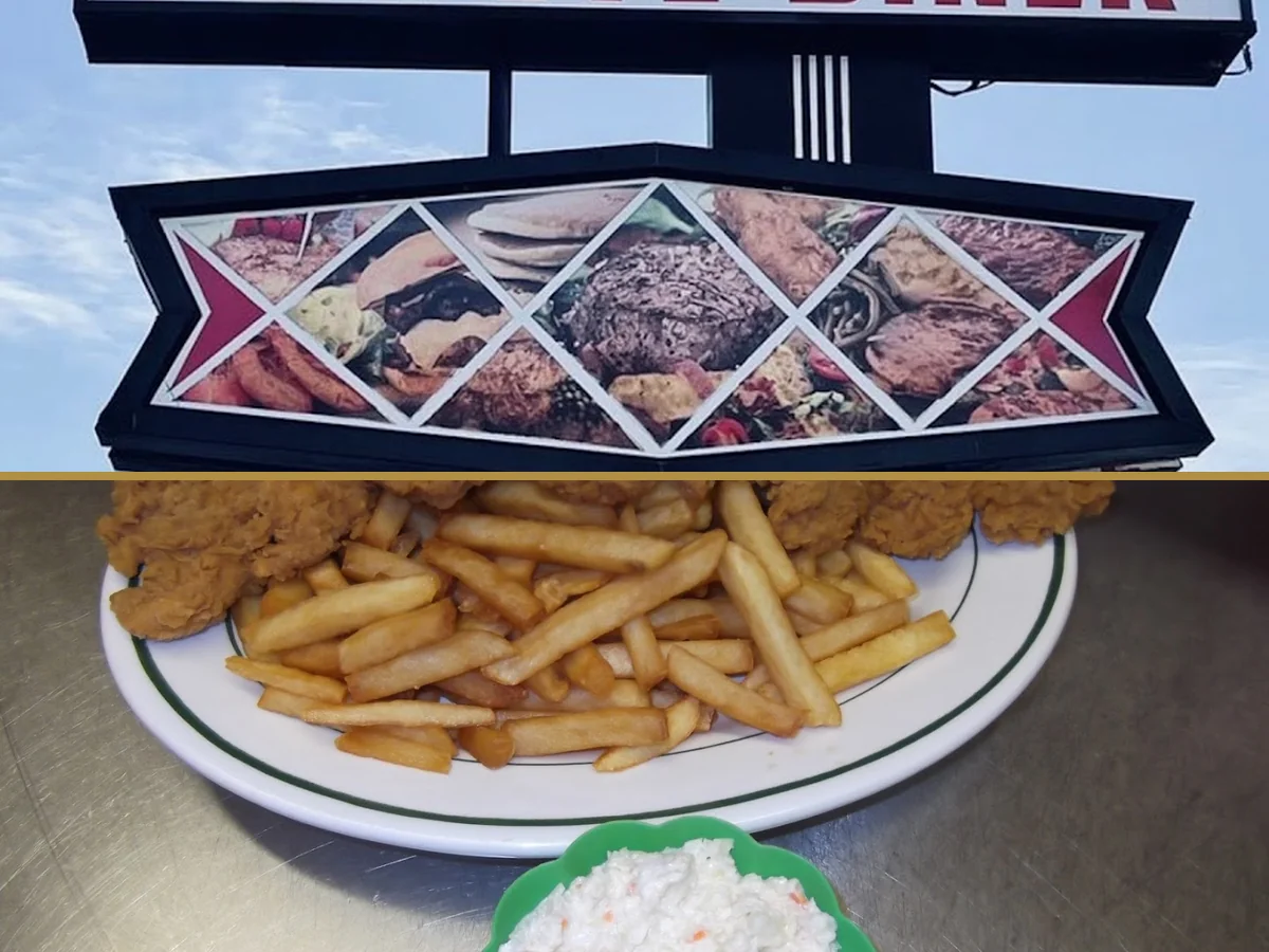 American diner interior with warm, quiet lighting.